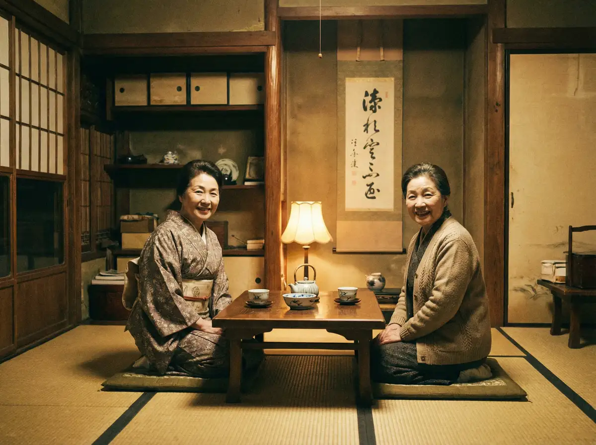 两位优雅的 贝博体育平台 在日式茶室中品茶交谈